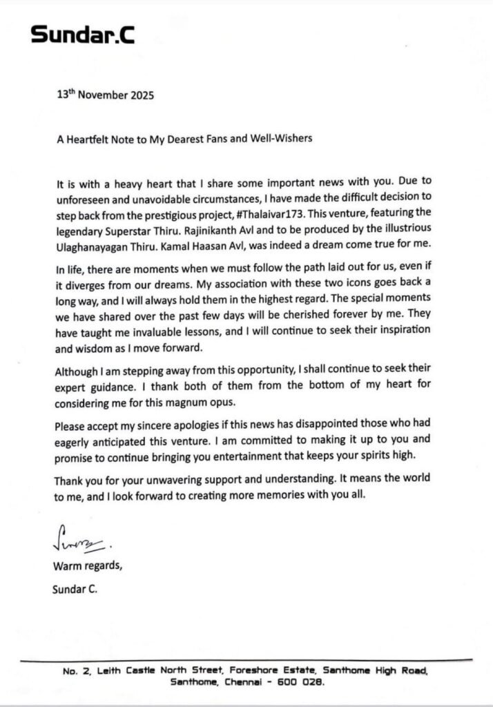 Director Sundar C Exits Rajinikanth–Kamal Haasan’s 'Thalaivar 173'